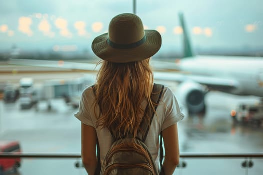 Woman have a trip in vacation day with backpacker at airport.