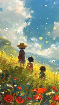 An art piece depicting two children standing in a lush field of colorful flowers, capturing the beauty of people in nature within a natural grassland ecoregion