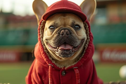 Dog playing and wearing a baseball.