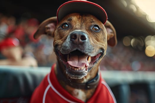 Dog playing and wearing a baseball.