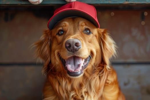 Dog playing and wearing a baseball.