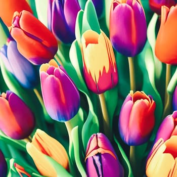 Vibrant spring-themed background featuring a variety of colorful tulips arranged in a visually appealing pattern. Panorama