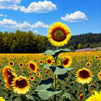 Captivating summer backdrop with a mix of sunflowers and daisies set against a clear blue sky.