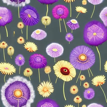 Whimsical and enchanting background using a blend of wildflowers such as dandelions, lavender, and poppies. Panorama