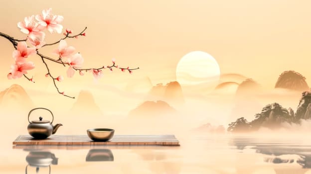 Calm sunrise over mountains with a traditional tea set, and cherry blossoms