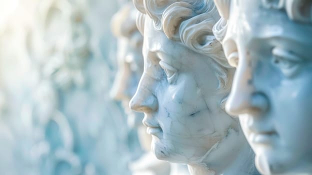 Close-up of classical marble statues with a soft, dreamlike glow