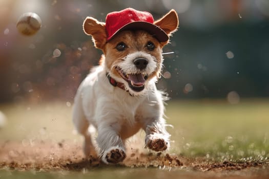 Dog playing and wearing a baseball.