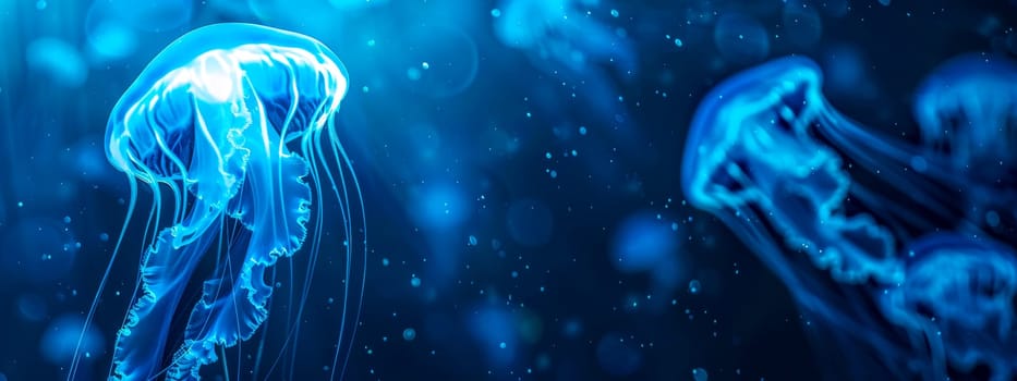 Ethereal blue jellyfish floating gracefully in the dark ocean depths