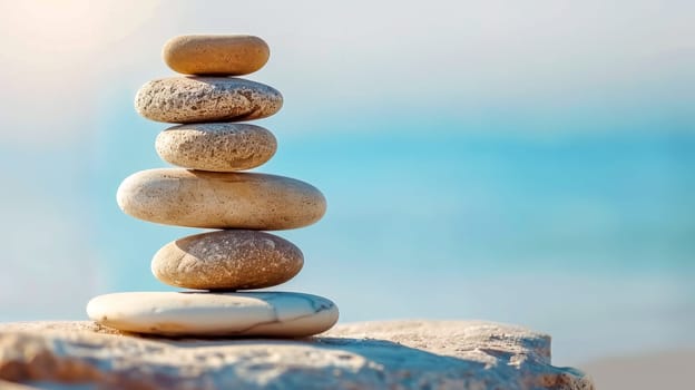 Balanced pebble tower on a coastal rock with a tranquil sea backdrop