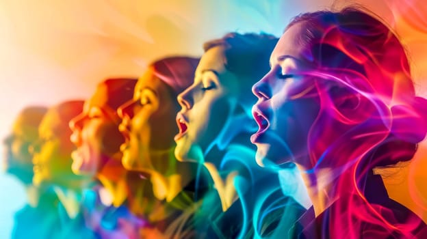 Artistic depiction of a woman with expressions echoed in a vibrant, rainbow-colored silhouette effect