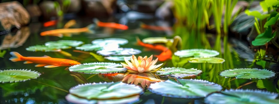Tranquil koi pond with vibrant fish and a blooming water lily
