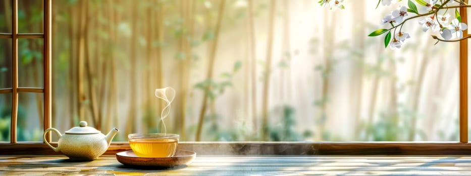 Peaceful scene with a steaming cup of tea and teapot on a windowsill
