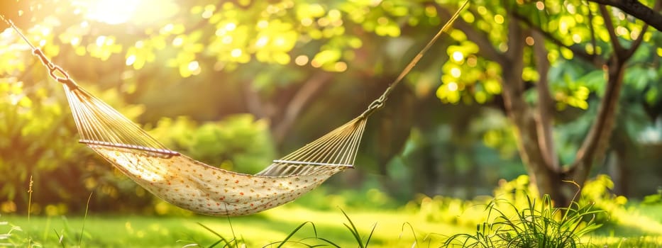 Empty hammock sways in a sunny garden, inviting relaxation amidst vibrant green foliage