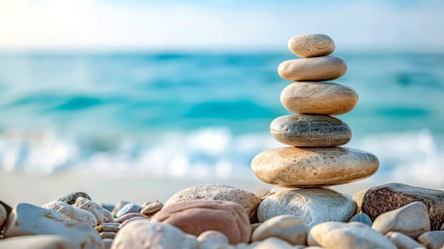 Stack of smooth pebbles on a beach symbolizing balance and harmony, with a serene sea backdrop