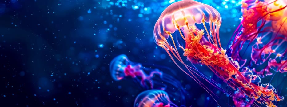 Colorful jellyfish floating elegantly with glowing tentacles in a dark underwater scene