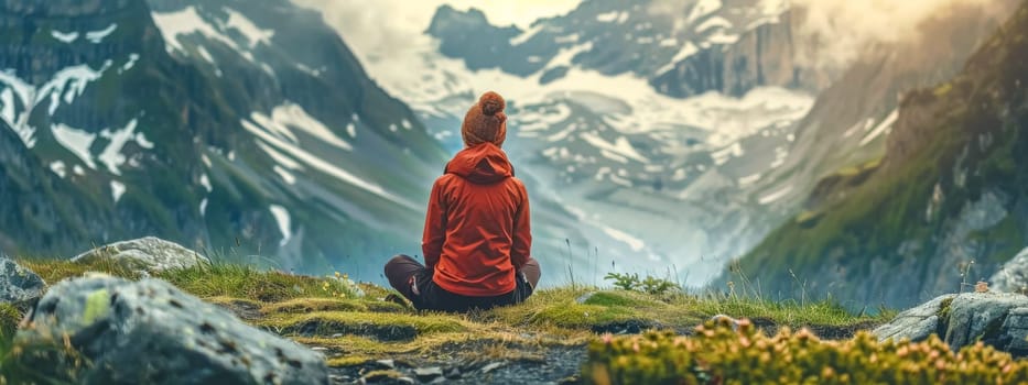 Tranquil meditation in the peaceful and serene mountains. With a female adult sitting alone. Enjoying the breathtaking panoramic view of the snow-capped mountain range