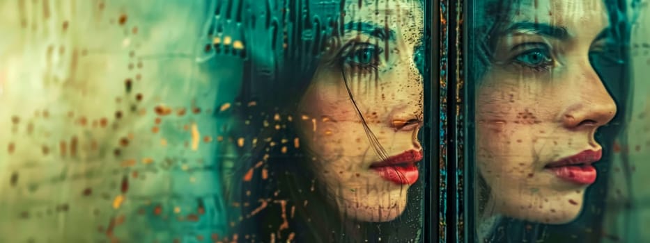 Close-up of a pensive woman's reflection on a window dappled with raindrops