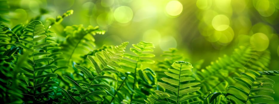 Vibrant green fern leaves backlit by sunlight with a bokeh effect in a lush forest