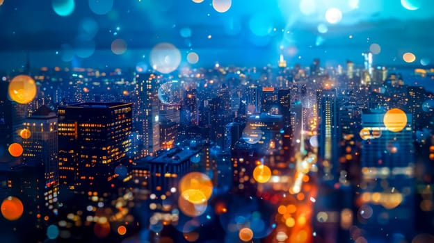 Mesmerizing view of a vibrant cityscape illuminated by countless lights against the evening sky