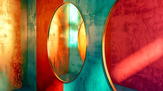 Vibrant interplay of light and shadows on textured walls with circular frames