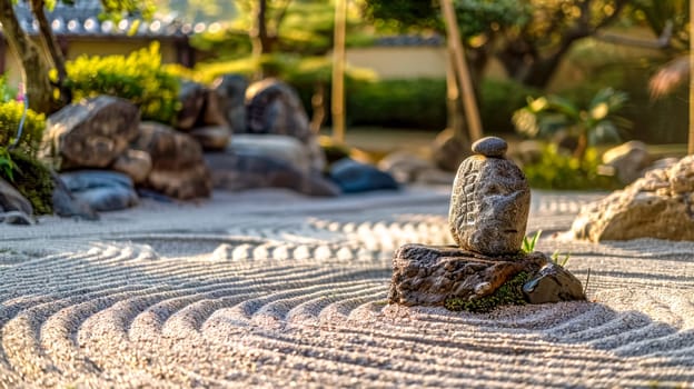 Tranquil zen garden with raked sand and stones, bathed in the warm glow of the setting sun