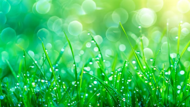 Peaceful and tranquil dew-kissed morning meadow with glistening water droplets on vibrant green grass, illuminated by the soft light of the sunrise, creating a serene and fresh natural environment