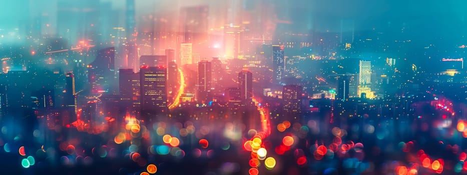 Captivating panoramic view of a cityscape overwhelmed with colorful bokeh lights at night