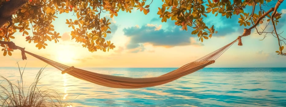 Empty hammock swaying beneath a tree on a tranquil beach against a warm sunset sky