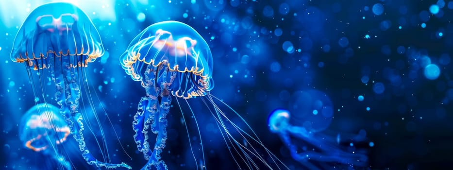 Captivating underwater dance of bioluminescent jellyfish in the dark, ethereal depths of the neon blue ocean, showcasing the mesmerizing natural glow and transparency of these aquatic creatures