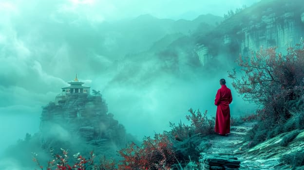 Monk clad in red overlooks misty mountains from a serene cliffside path at dawn