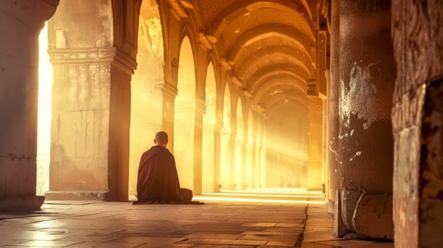 Solitary monk meditates in a temple corridor bathed in warm sunlight