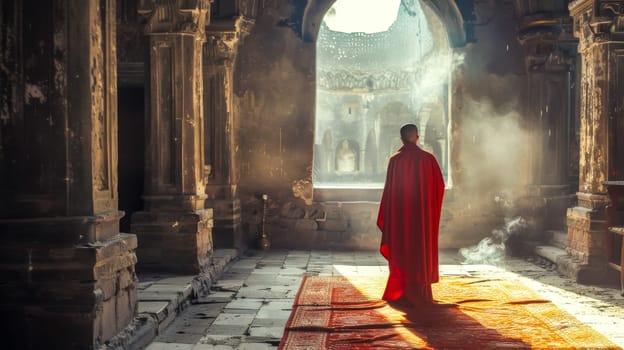 Solitary monk in red robes walks through a temple as sunlight streams through the windows