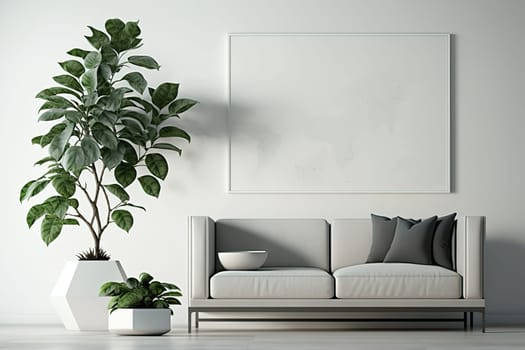Interior of living room with cozy sofa, paintings with copy space and houseplants
