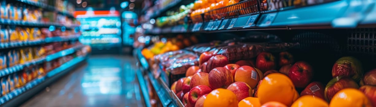 A grocery store aisle with a variety of fruits and vegetables.