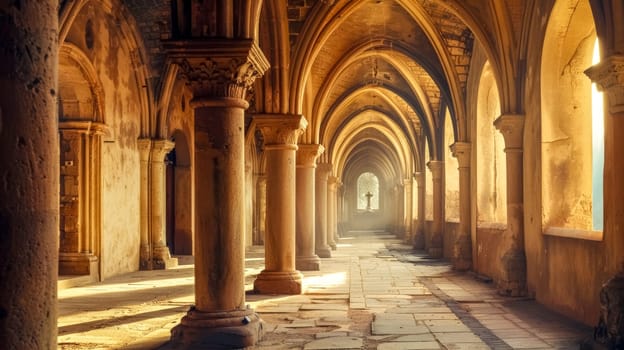 Tranquil and peaceful sunlit ancient monastery corridor with gothic style architecture. Vaulted ceilings. And warm sunlight streaming through the stone walls and columns