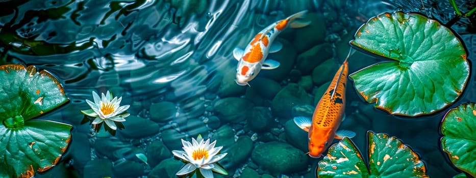 Vibrant koi fish swim among blooming water lilies in a tranquil pond setting