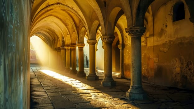 Warm sunlight bathes an old cloister's arched passageway, creating a serene and mystical atmosphere