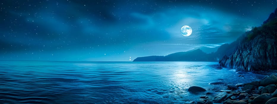 Panoramic view of serene ocean under a glowing full moon and stars