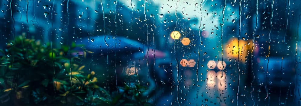 Water droplets on a window with soft bokeh lights of a cityscape in the background