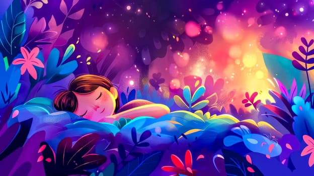 Colorful artwork of a peaceful young child asleep in a magical forest setting