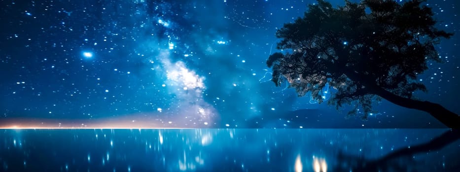 Serene lake under a starry sky with a solitary tree; a magical night landscape