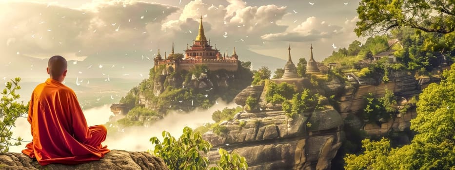 Monk meditates on a cliff with a breathtaking view of temples amidst floating dandelion seeds