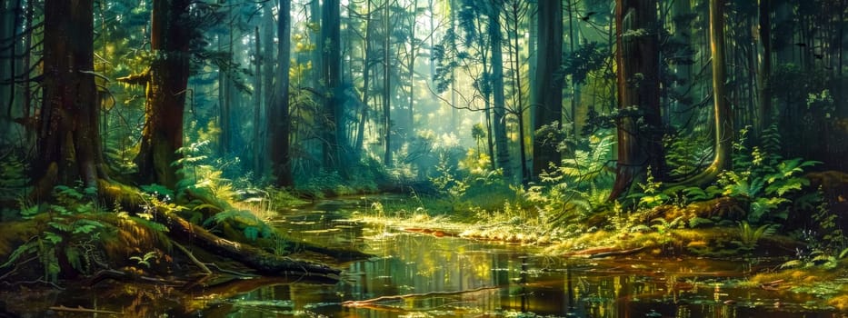 Sunlight filters through the trees onto a serene forest stream