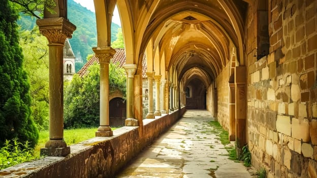 Tranquil walkway with arches in a monastery surrounded by nature's beauty