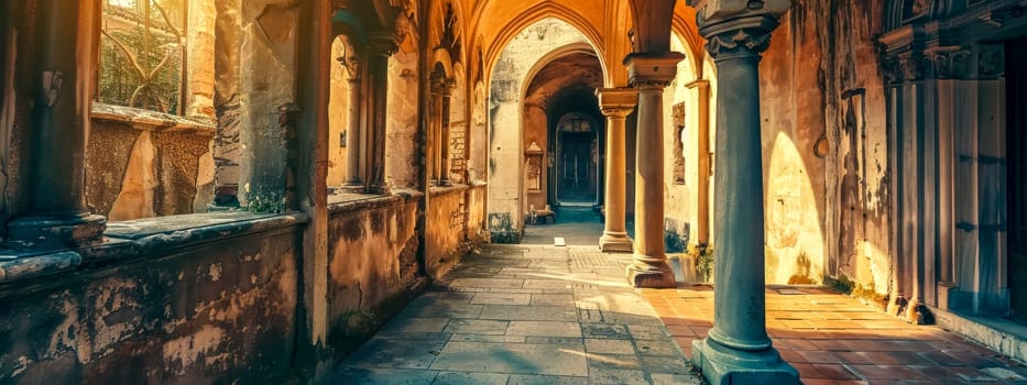 Golden sunlight bathes an ancient monastery cloister, highlighting architectural details