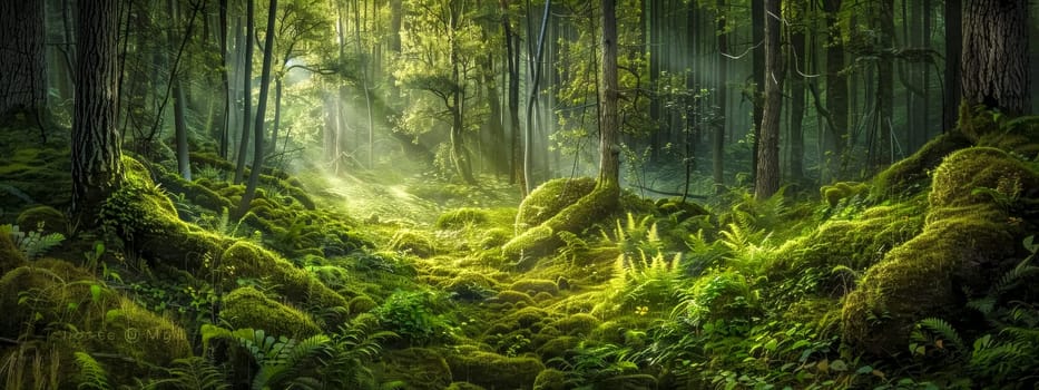 Ethereal sunbeams filter through a lush, green forest, highlighting the moss-covered ground