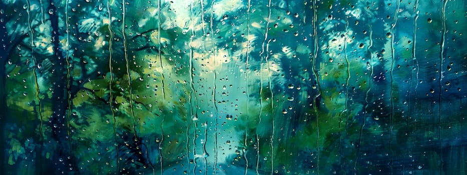Abstract view of a rainy day, raindrops on glass with blurred green forest in the background