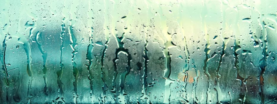 Close-up of raindrops on window glass with a soft, colorful backdrop