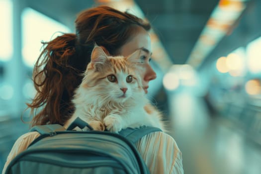 Woman and cat have a trip in vacation day with backpacker at airport.