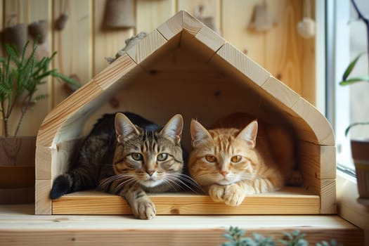 A Cats are laying on a wooden structure.
